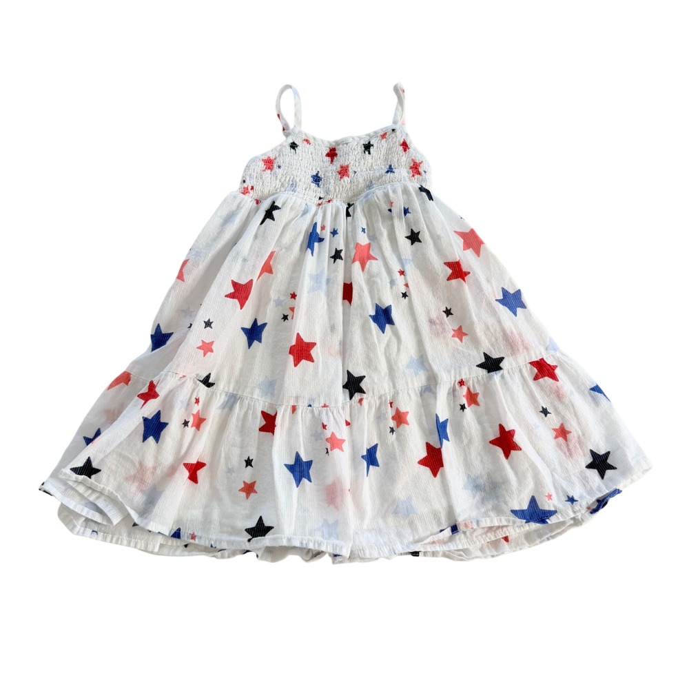 Cat & Jack Sundress Kids XS 4/5 White Patriotic Star Print Smocked Tiered Gauze